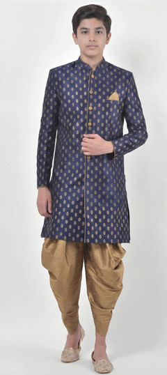 Blue color Boys Dhoti Sherwani in Dupion Silk fabric with Printed work