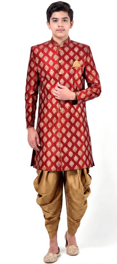 Red and Maroon color Boys Dhoti Sherwani in Dupion Silk fabric with Printed work