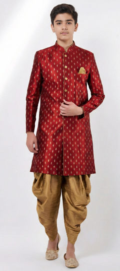 Red and Maroon color Boys Dhoti Sherwani in Dupion Silk fabric with Printed work