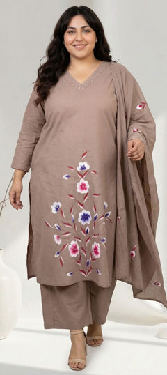 Beige and Brown color Salwar Kameez in Cotton fabric with Digital Print, Floral, Sequence, Zari work