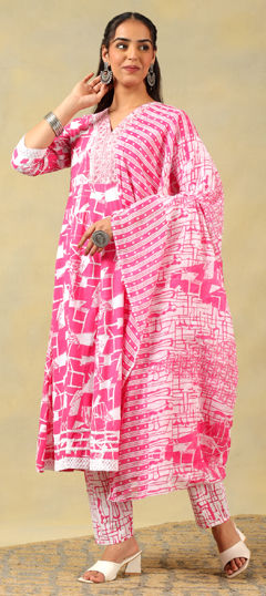 Pink and Majenta color Salwar Kameez in Cotton fabric with Embroidered, Printed work