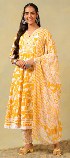 Yellow color Salwar Kameez in Cotton fabric with Embroidered, Printed work