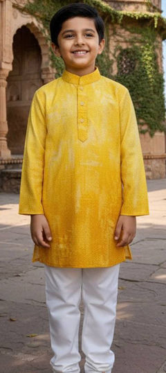 Yellow color Boys Kurta Pyjama in Cotton fabric with Printed work