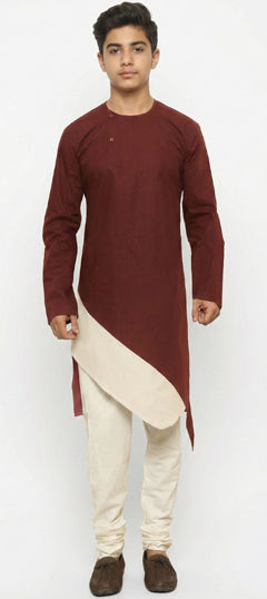 Red and Maroon color Boys Kurta Pyjama in Blended Cotton fabric with Thread work