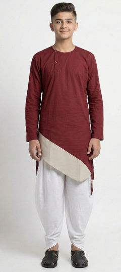 Red and Maroon color Boys Indo-Western in Blended Cotton fabric with Thread work