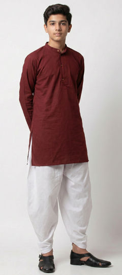 Red and Maroon color Boys Indo-Western in Blended Cotton fabric with Thread work