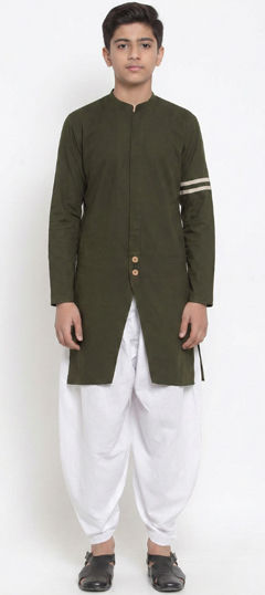 Green color Boys Indo-Western in Blended Cotton fabric with Thread work