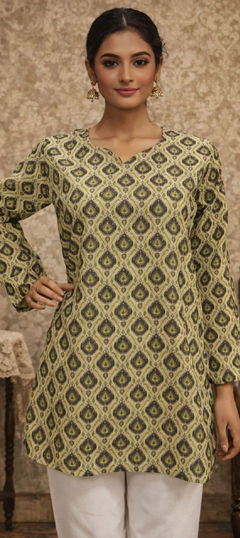 Beige and Brown color Tops and Shirts in Muslin fabric with Digital Print work