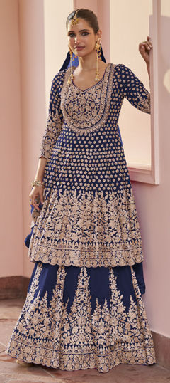 Blue color Long Lehenga Choli in Georgette fabric with Embroidered, Mirror, Thread work