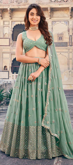 Green color Lehenga in Georgette fabric with Embroidered, Sequence, Zari work