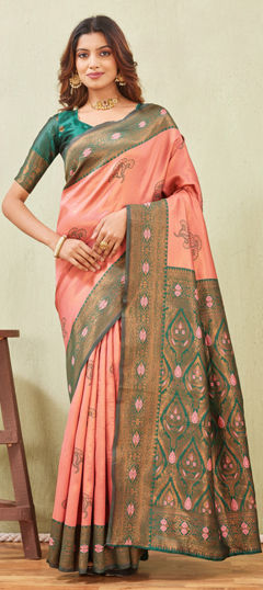 Green, Pink and Majenta color Saree in Art Silk fabric with Weaving work