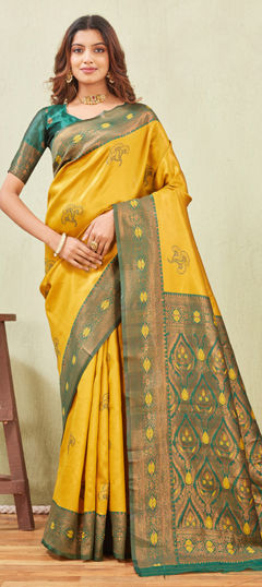 Gold, Green color Saree in Art Silk fabric with Weaving work