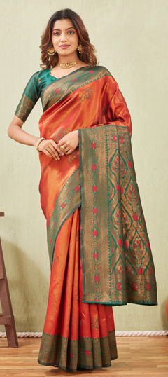 Green, Orange color Saree in Art Silk fabric with Weaving work