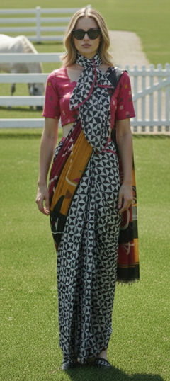 Black and Grey, White and Off White color Readymade Saree in Crepe Silk fabric with Printed work