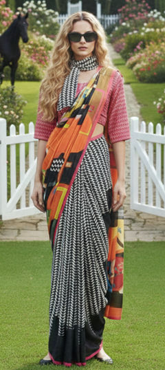 Black and Grey, White and Off White color Readymade Saree in Crepe Silk fabric with Printed work