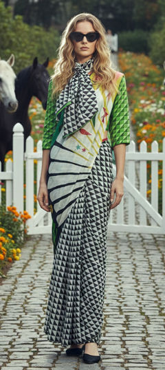 Black and Grey, White and Off White color Readymade Saree in Crepe Silk fabric with Printed work