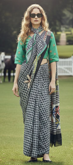 Black and Grey, White and Off White color Readymade Saree in Crepe Silk fabric with Printed work