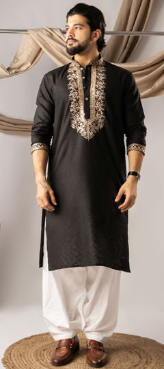 Black and Grey color Kurta Pyjamas in Linen fabric with Embroidered work