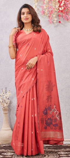 Pink and Majenta color Saree in Cotton, Linen fabric with Floral, Printed work