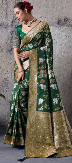 Green color Saree in Banarasi Silk fabric with Weaving work