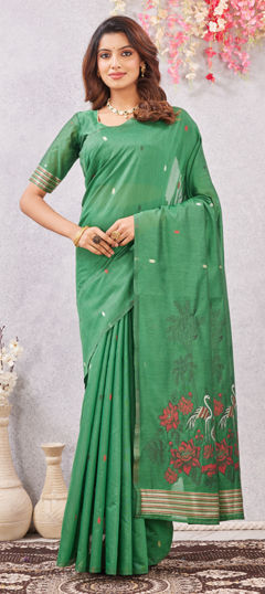 Green color Saree in Cotton, Linen fabric with Floral, Printed work