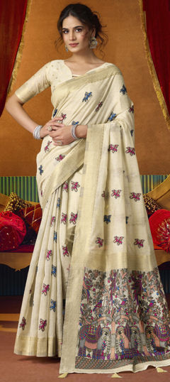 White and Off White color Saree in Cotton fabric with Weaving work