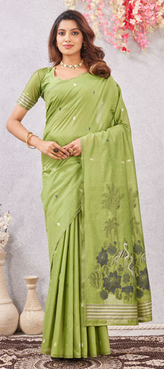 Green color Saree in Cotton, Linen fabric with Floral, Printed work