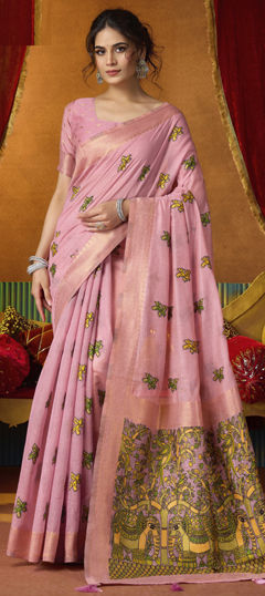 Pink and Majenta color Saree in Cotton fabric with Weaving work
