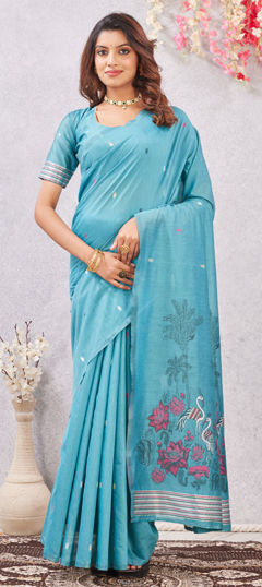 Green color Saree in Cotton, Linen fabric with Floral, Printed work