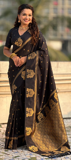 Black and Grey color Saree in Silk fabric with Weaving work