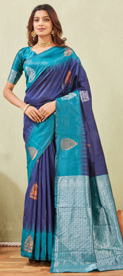 Blue, Green color Saree in Art Silk fabric with Weaving work