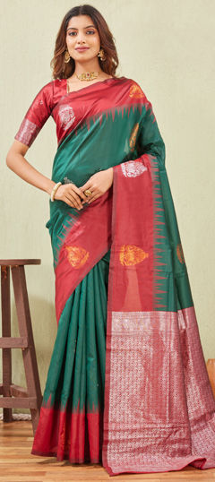 Green, Red and Maroon color Saree in Art Silk fabric with Weaving work