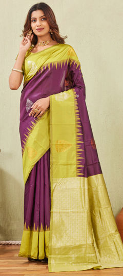 Purple and Violet, Yellow color Saree in Art Silk fabric with Weaving work