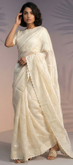 White and Off White color Saree in Silk fabric with Weaving work