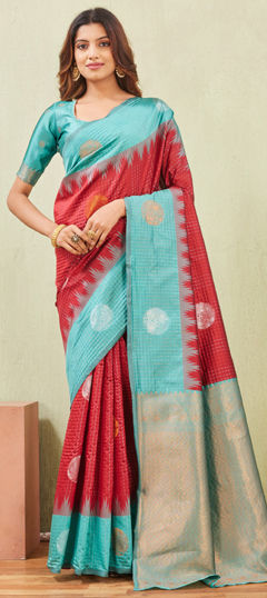 Green, Red and Maroon color Saree in Art Silk fabric with Weaving work