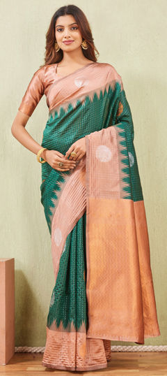 Beige and Brown, Green color Saree in Art Silk fabric with Weaving work