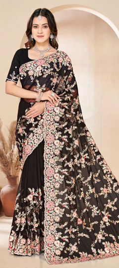 Black and Grey color Saree in Net fabric with Embroidered, Resham, Zircon work