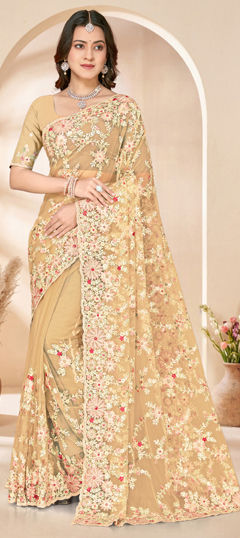 Yellow color Saree in Net fabric with Embroidered, Resham, Zircon work