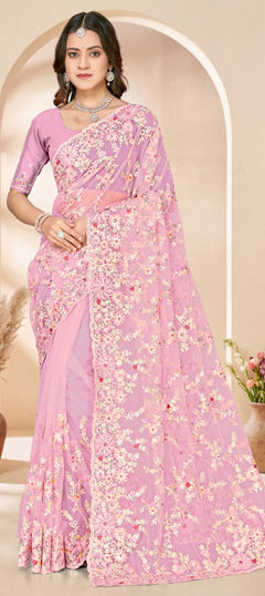 Pink and Majenta color Saree in Net fabric with Embroidered, Resham, Zircon work
