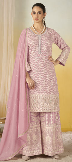 Pink and Majenta color Salwar Kameez in Georgette fabric with Embroidered, Sequence work