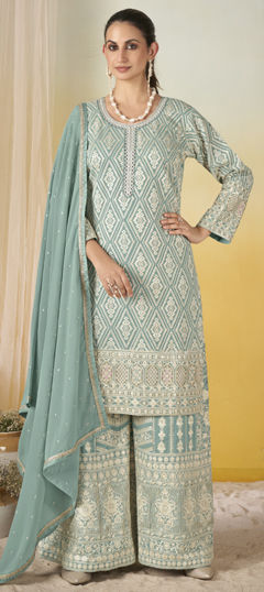 Blue color Salwar Kameez in Georgette fabric with Embroidered, Sequence work