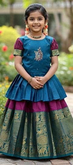 Blue color Kids Lehenga in Jacquard fabric with Weaving work