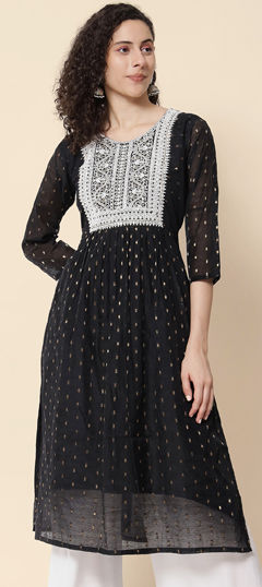 Black and Grey color Kurti in Chanderi Silk fabric with Embroidered work