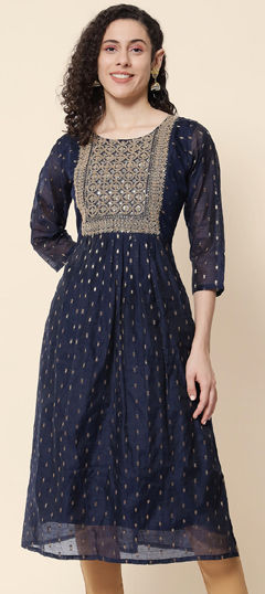 Blue color Kurti in Chanderi Silk fabric with Embroidered work