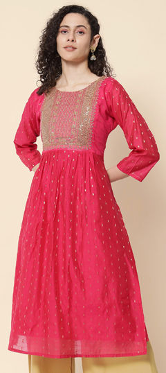 Pink and Majenta color Kurti in Chanderi Silk fabric with Embroidered work