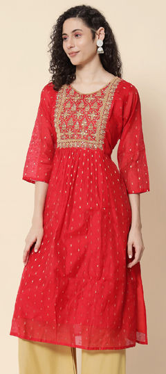 Red and Maroon color Kurti in Chanderi Silk fabric with Embroidered work