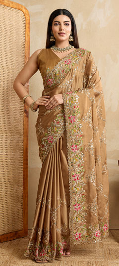 Beige and Brown color Saree in Silk fabric with Embroidered work