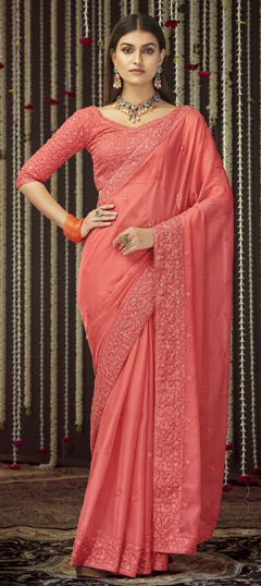Pink and Majenta color Saree in Georgette fabric with Sequence, Thread work