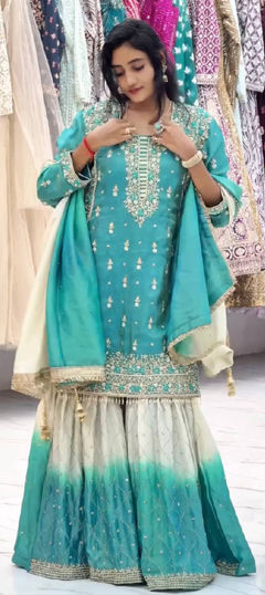 Green, White and Off White color Salwar Kameez in Silk fabric with Bugle Beads, Embroidered, Thread work