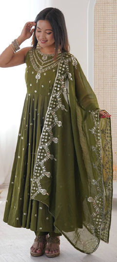 Green color Salwar Kameez in Roman Silk fabric with Embroidered, Sequence work